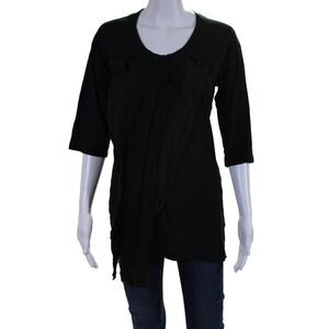 Clu Women's Round Neck Short Sleeves Ruffle Tunic T-Shirt Black Size L